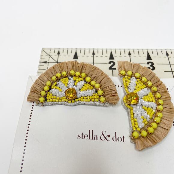 Half Circle Beaded Tassel Fringe Dangle Earrings IRaffia White Yellow - Picture 7 of 7